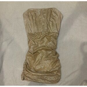 L Vow Studio Gold Sparkle Ruched Strapless Mini Dress Glam Party Cocktail